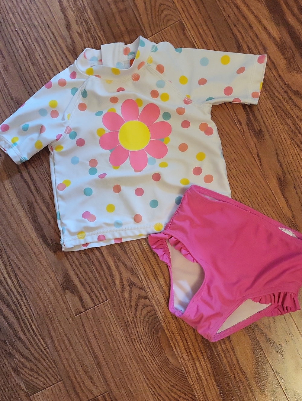 Joe Fresh polka dot rashguard swim top with hot pink bottoms